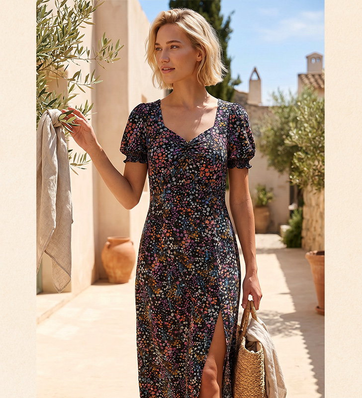 Black Ditsy Floral Sweetheart Neck Midi Dress