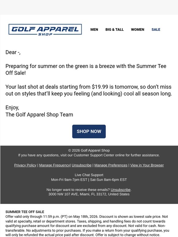 Ends Tomorrow: The Summer Tee Off Sale!