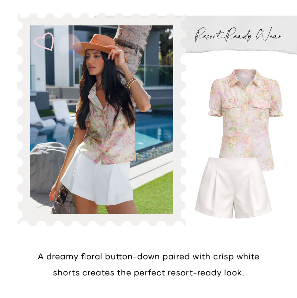Resort Ready Wear: A dreamy floral button-down paired with crisp white shorts creates the perfect resort-ready look >> Shop Now >> Shop Now
