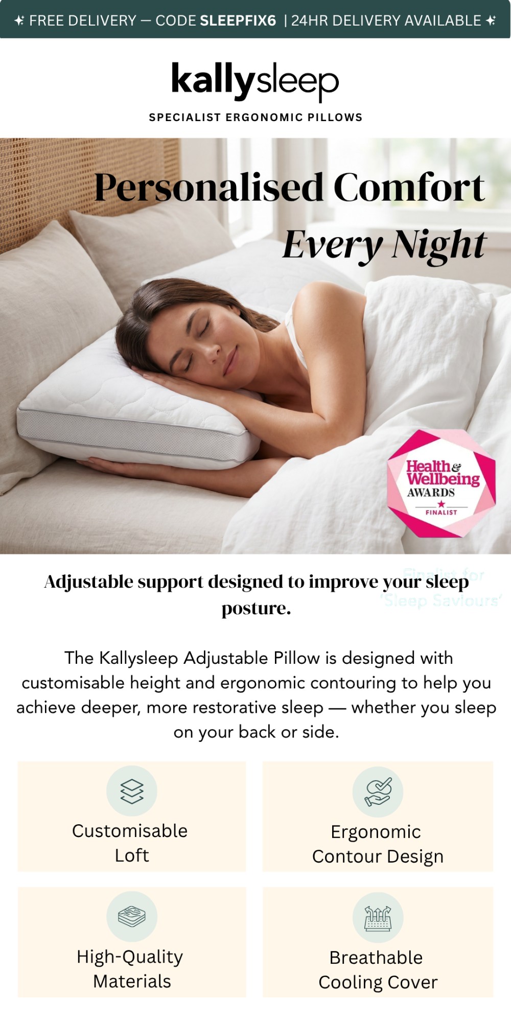 Woman sleeping on a bed using the kallysleep Adjustable Pillow