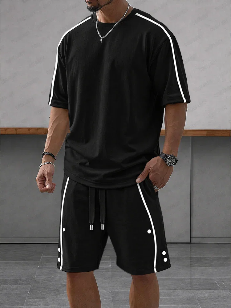 Image of Casual Loose Contrasct Color Line Sports Set