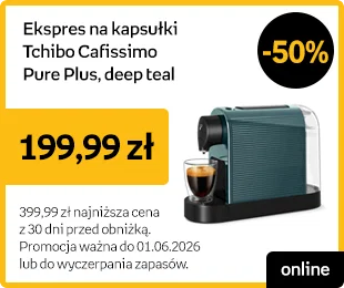 Ekspres na kapsułki Tchibo Cafissimo Pure Plus, deep teal -50% | 199,99 zł | 399,99 zł najniższa cena z 30 dni przed obniżką. Promocja ważna do 01.06.2026 lub do wyczepania zapasów | online