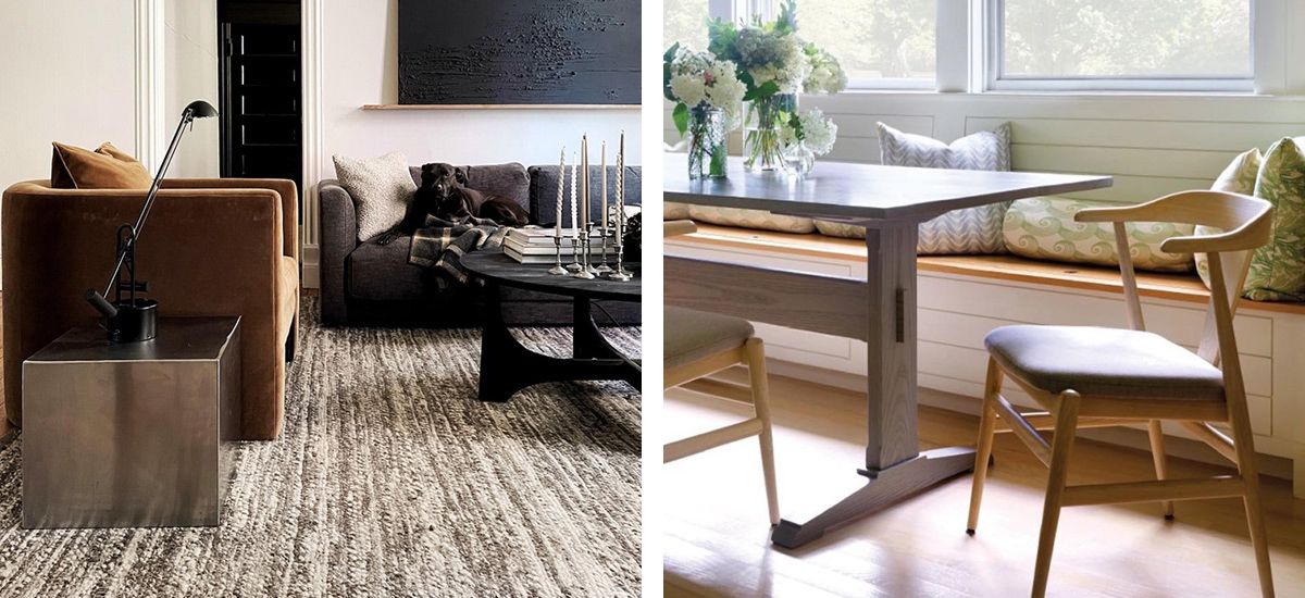 Split image with grey and brown living room on left and wood dining table with chairs beside window bench on right.