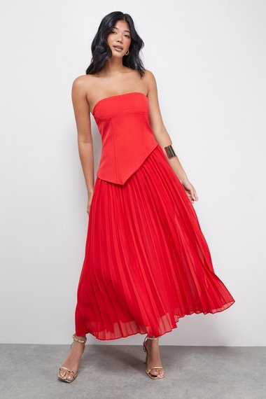 Bandeau Bodice Pleated Chiffon Midi Dress