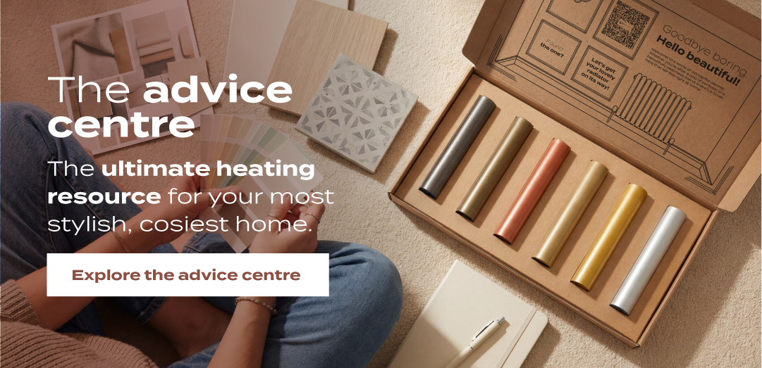Heating advice centre banner featuring radiator colour samples, interior mood boards, and a person sitting beside an open sample box.