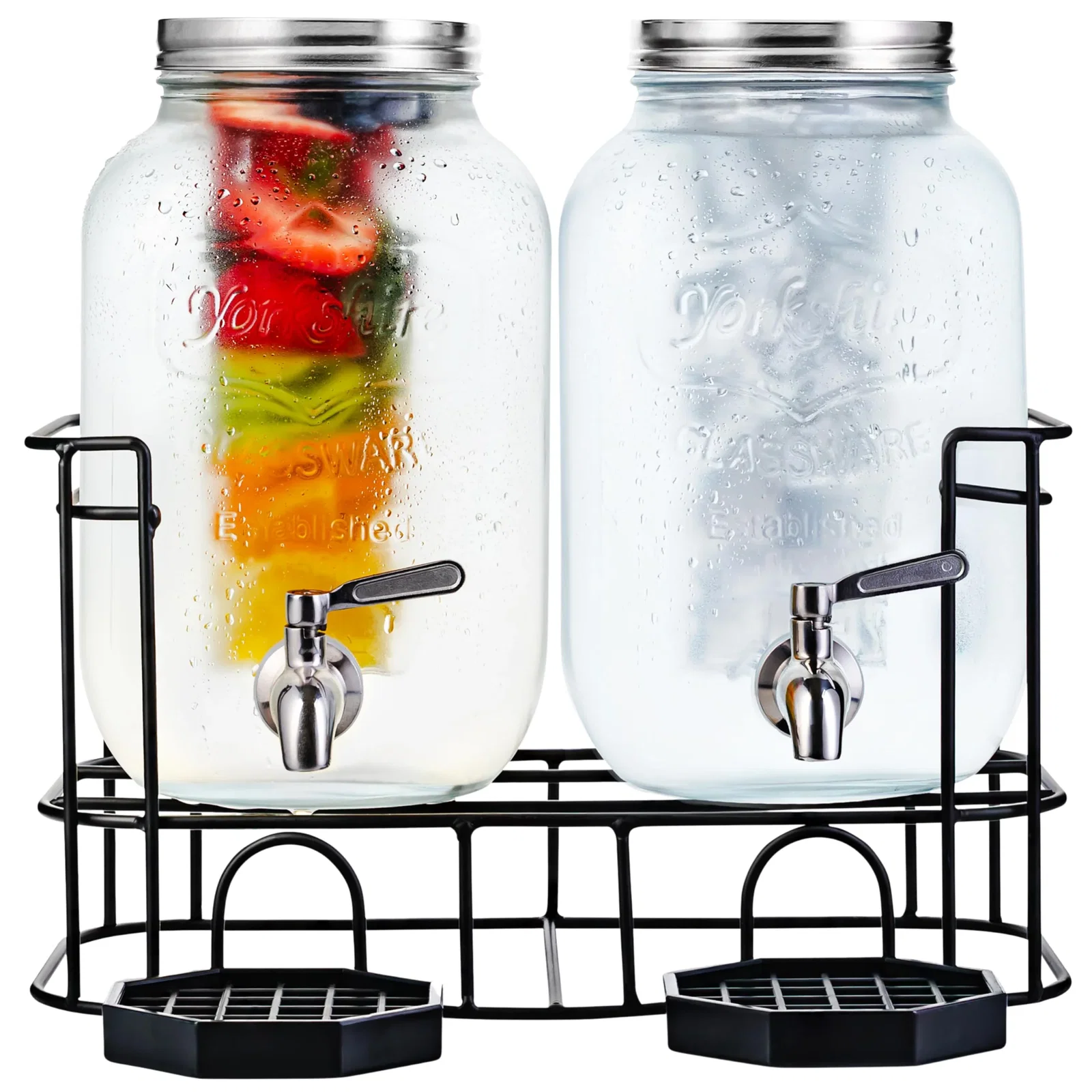 Dual Gallon Glass Beverage Dispensers with Fruit Infuser & Ice Insert