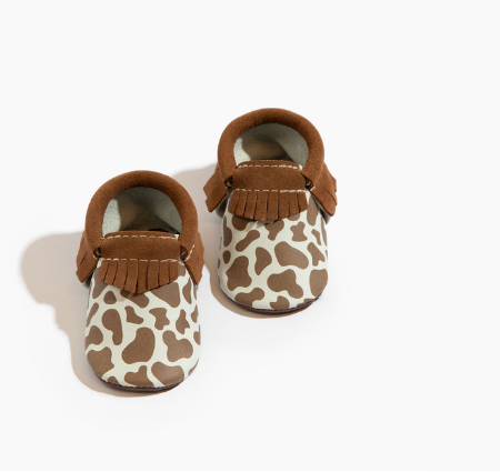 Suede Cow Print Moccasin Baby Shoe