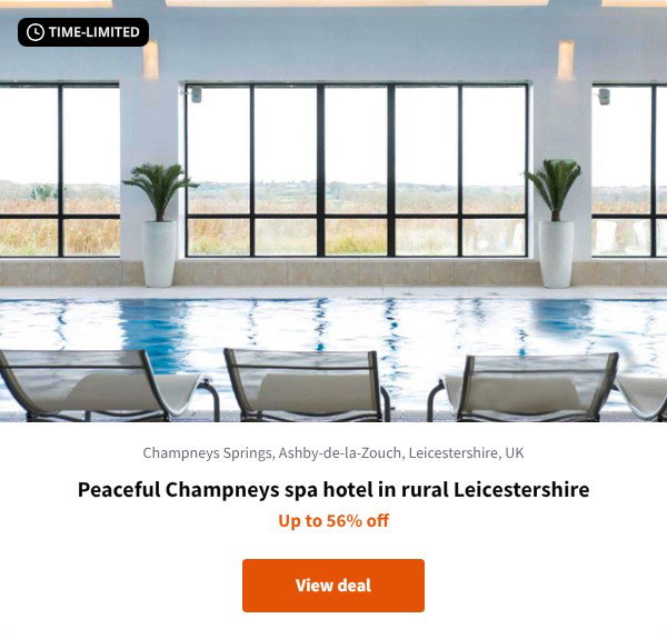 Peaceful Champneys spa hotel in rural Leicestershire