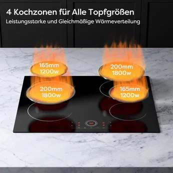 Ciarra x CDV 6000W Ceranfeld Glaskeramik Kochfeld Einbau-Cerankochfeld mit 4 Kochzonen, Timer, geeignet für alle Arten von Kochgeschirr, CDVER604-OW