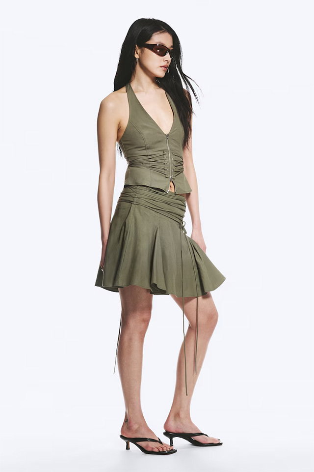 MID RISE TIE WAIST MIDI SKIRT