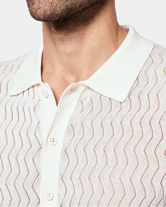 Cream Button Through Zig Zag Stitch Polo Shirt