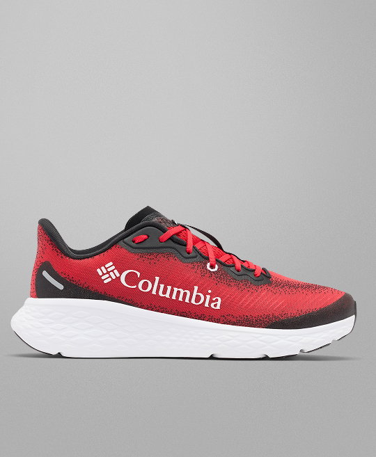 A red sneaker with black accents.