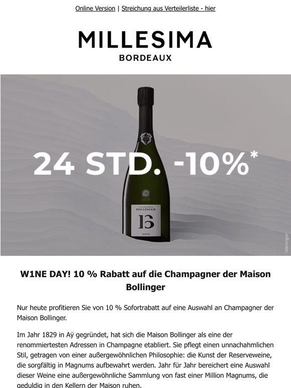 W1NE DAY! Bollinger -10 % für 24 Stunden