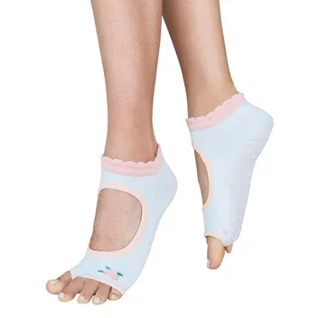 Tucketts Allegro - Peach Rose on Ivory Pilates Socks - Non-Slip Grip, Open Toe, Barre & Yoga - Women's