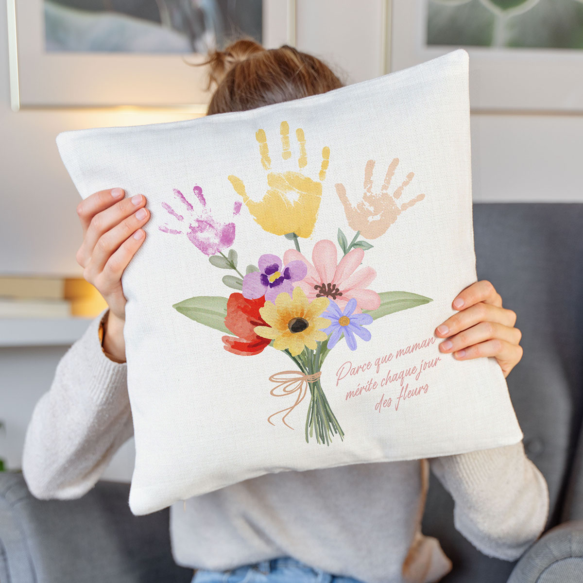 Image of Housse de coussin personnalisée Bouquet avec empreinte de main