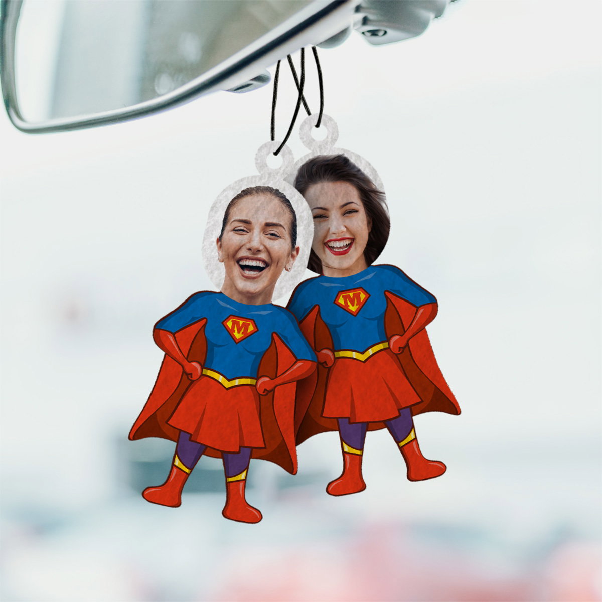 Image of Désodorisant voiture personnalisé Superhéroïne avec visage - Lot de 2