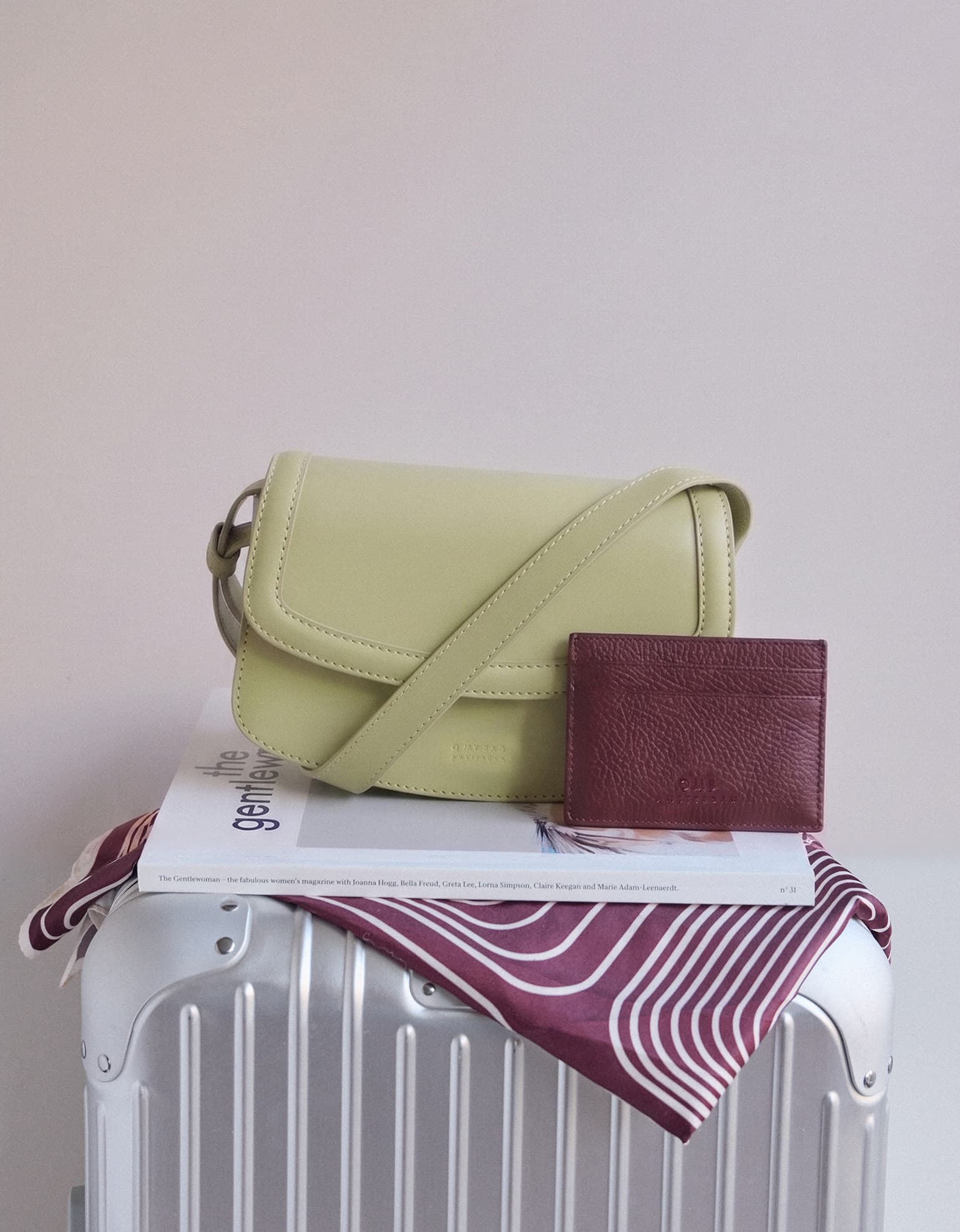 Kendalini in Tea Green and Mark's Cardcase in Dark Cherry