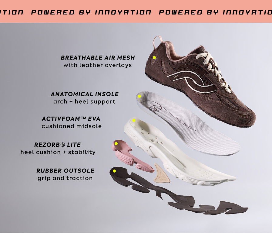 Powered By Innovtion Breathable Mesh Fabric + Padded Collar | Anatomical Insole For Arch + Heel Support | Activfoam™ Eva For Soft Cushioning | Re-zorb® Lite In The Heel For Shock Absorption Durable And Grippy Rubber Sole