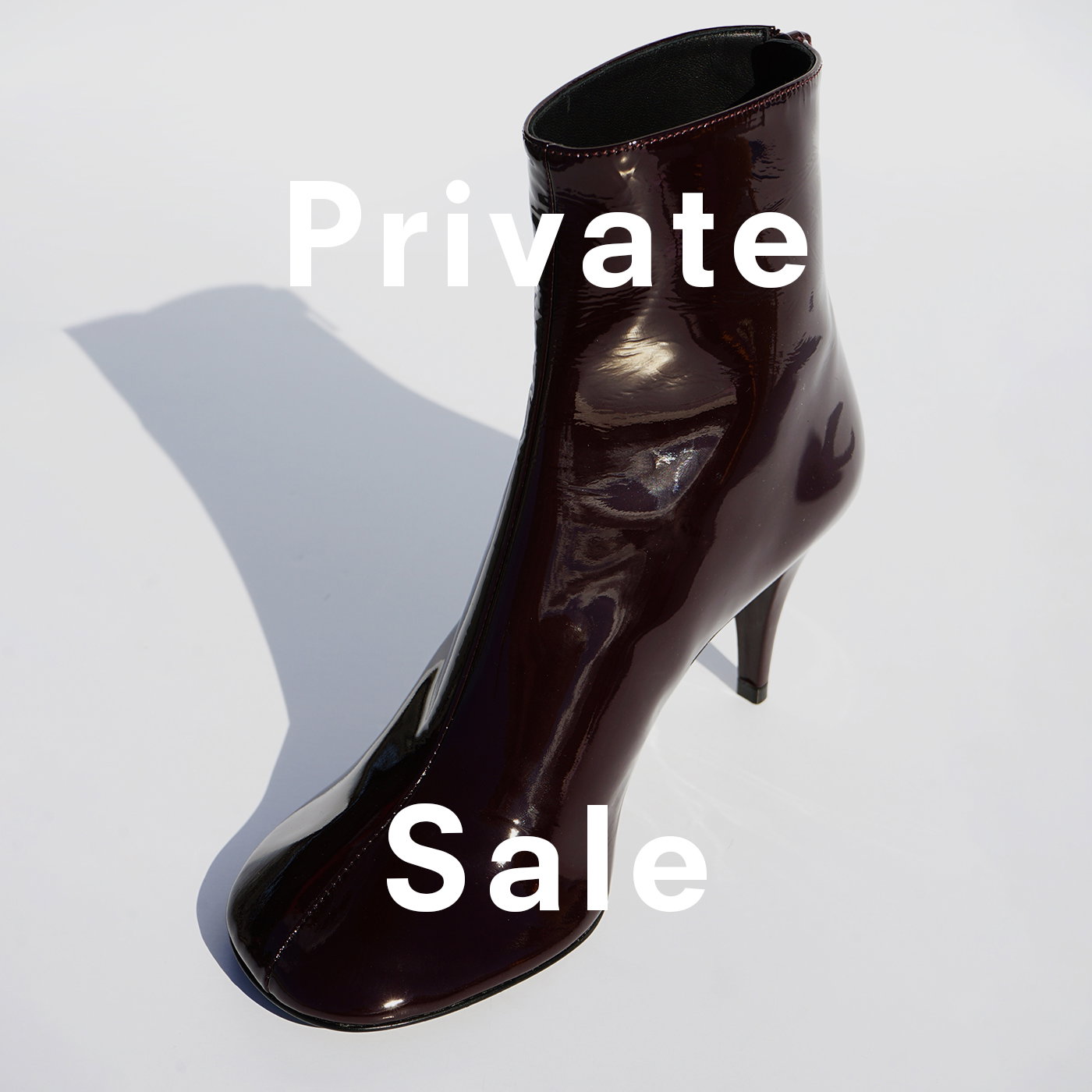Still life image of Glove Ankle Boots in Soft Patent in Currant with "Private Sale" text overlaid