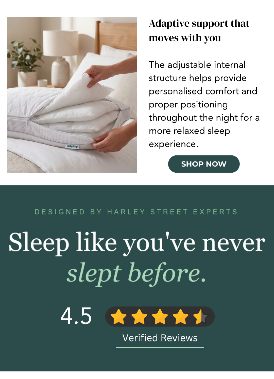 Adaptive support pillow. Woman opens the pillow to reveal 4 inner pads to adjust the height of the pillow.