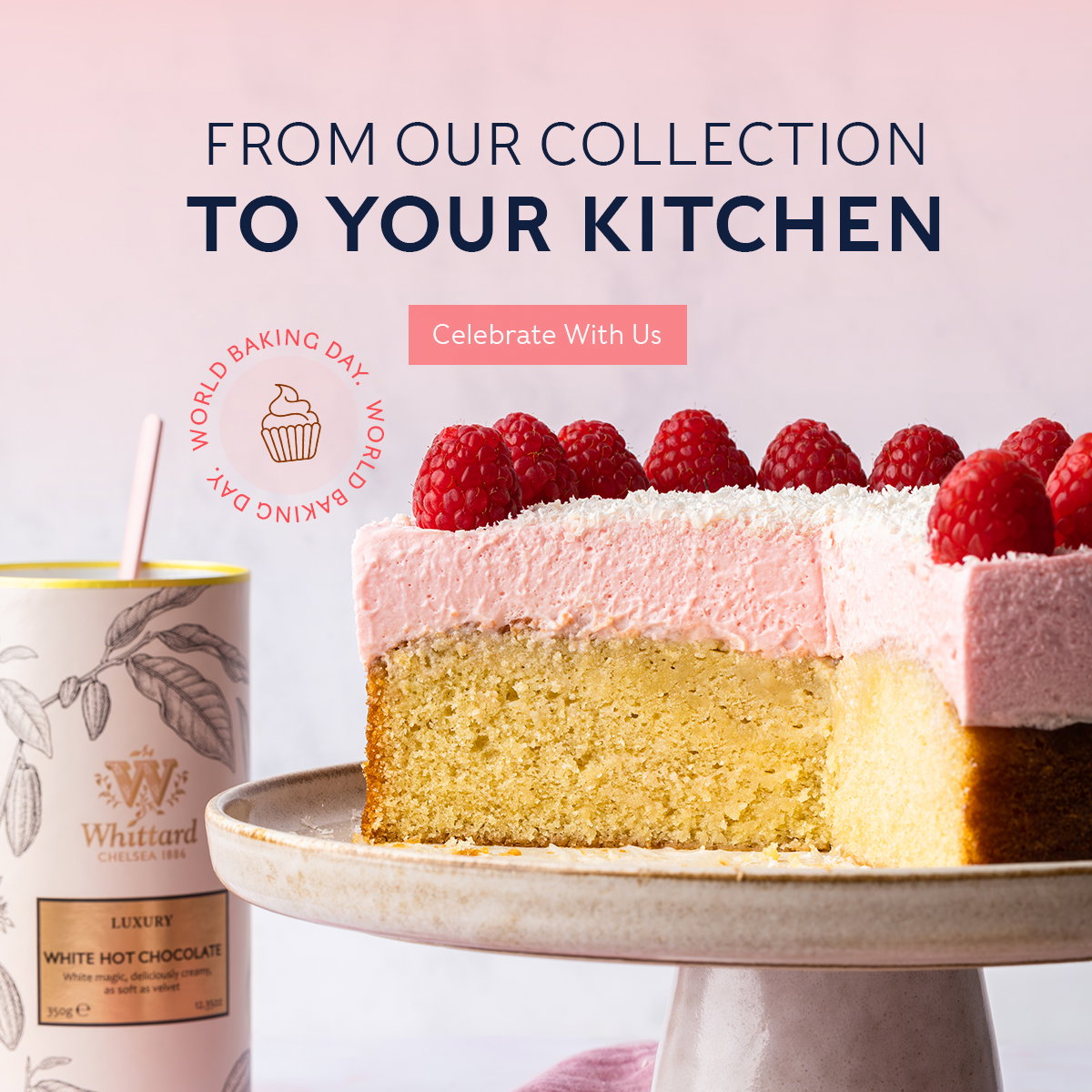 hero image with 'From our collection to your kitchen' and a 'celebrate with us' CTA. Image is of the white chocolate mousse cake with white chocolate tub