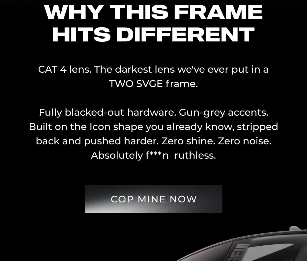 Black background with white text explaining Cat 4 lens features and 'Cop Mine' reach out-to-step button