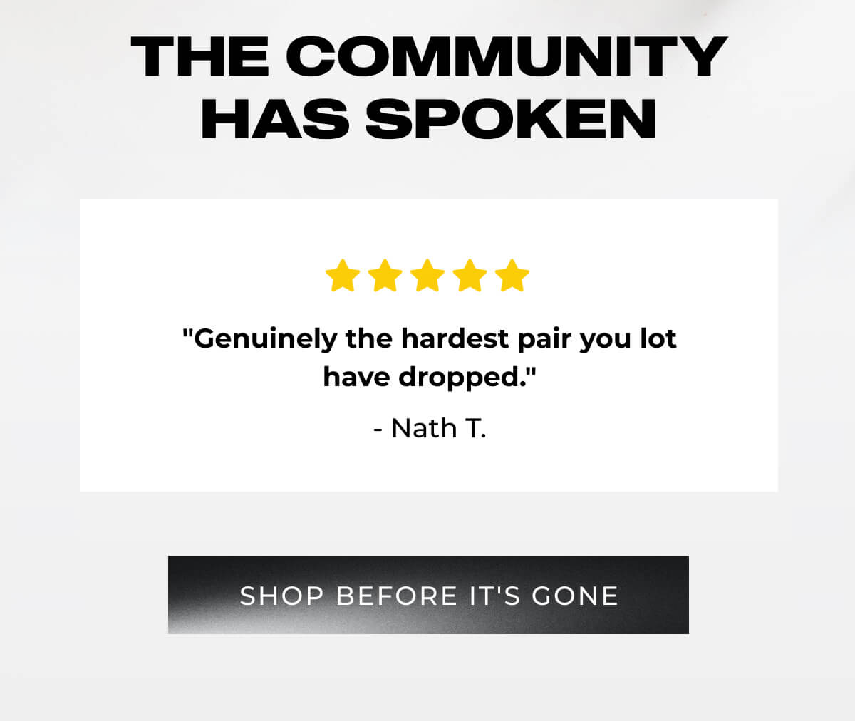 Customer review section with five stars and testimonial from Nath T. with 'Shop Before It's Gone' button