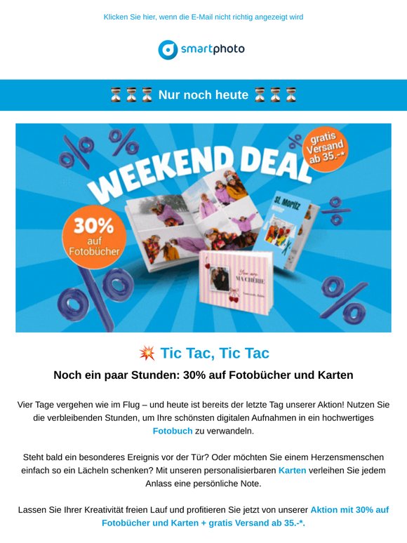 💥 💥 Tic Tac, Tic Tac... Die letzten Stunden laufen! 30% auf Fotobücher UND Karten