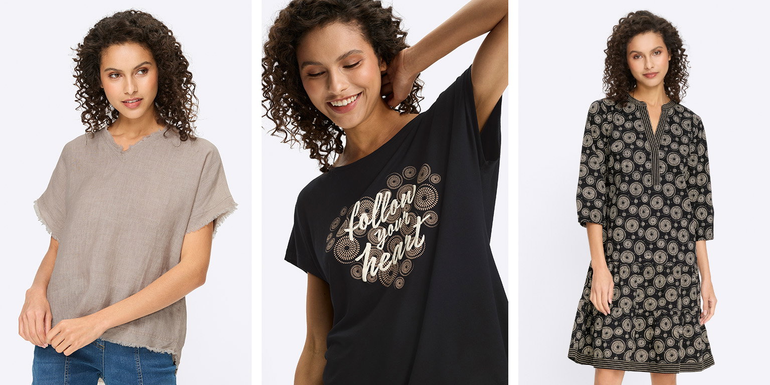 Drie modellen: links in een beige linnen blouse, midden in een zwart T-shirt met de tekst 'follow your heart', rechts in een zwart patroonjurkje.
