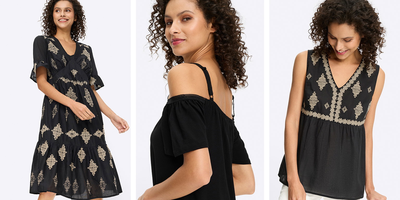 Drie modellen tonen zwarte zomermode: links een jurk met licht patroon, midden een off-shoulder top, rechts een mouwloze blouse met borduursel