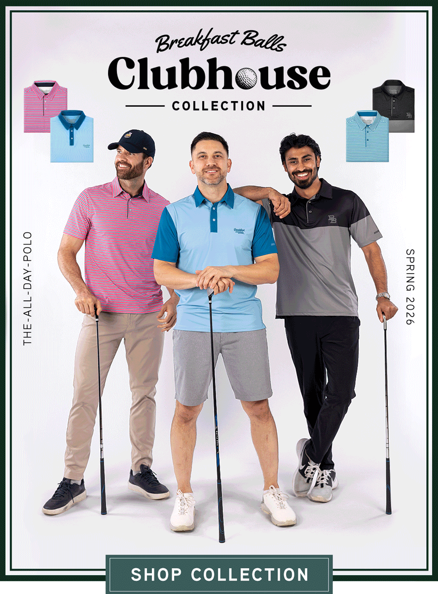 Rotation of golfers wearing polos from the Clubhouse Collection