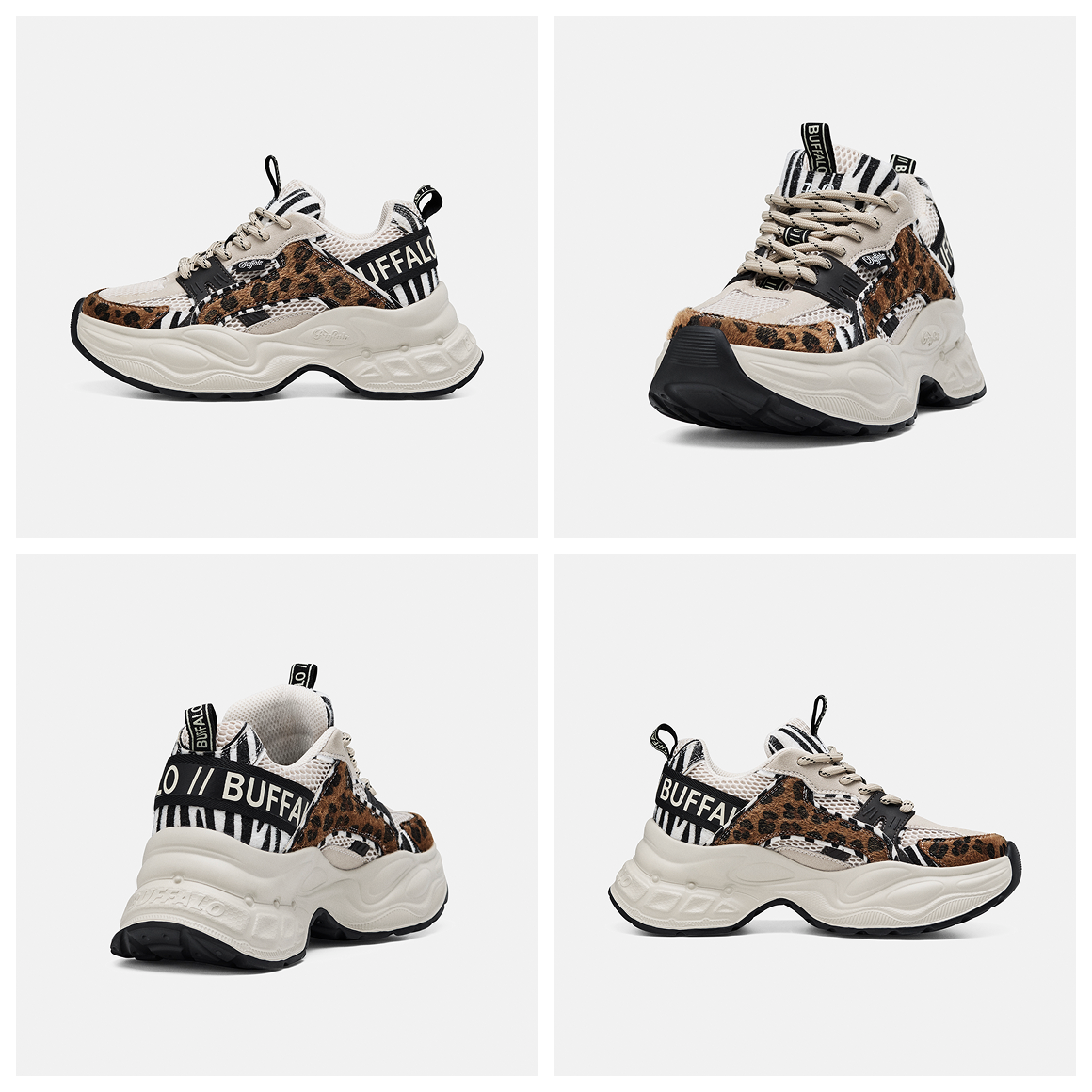 Product image grid showing a chunky sneaker with animal‑print details from multiple angles on a light background.