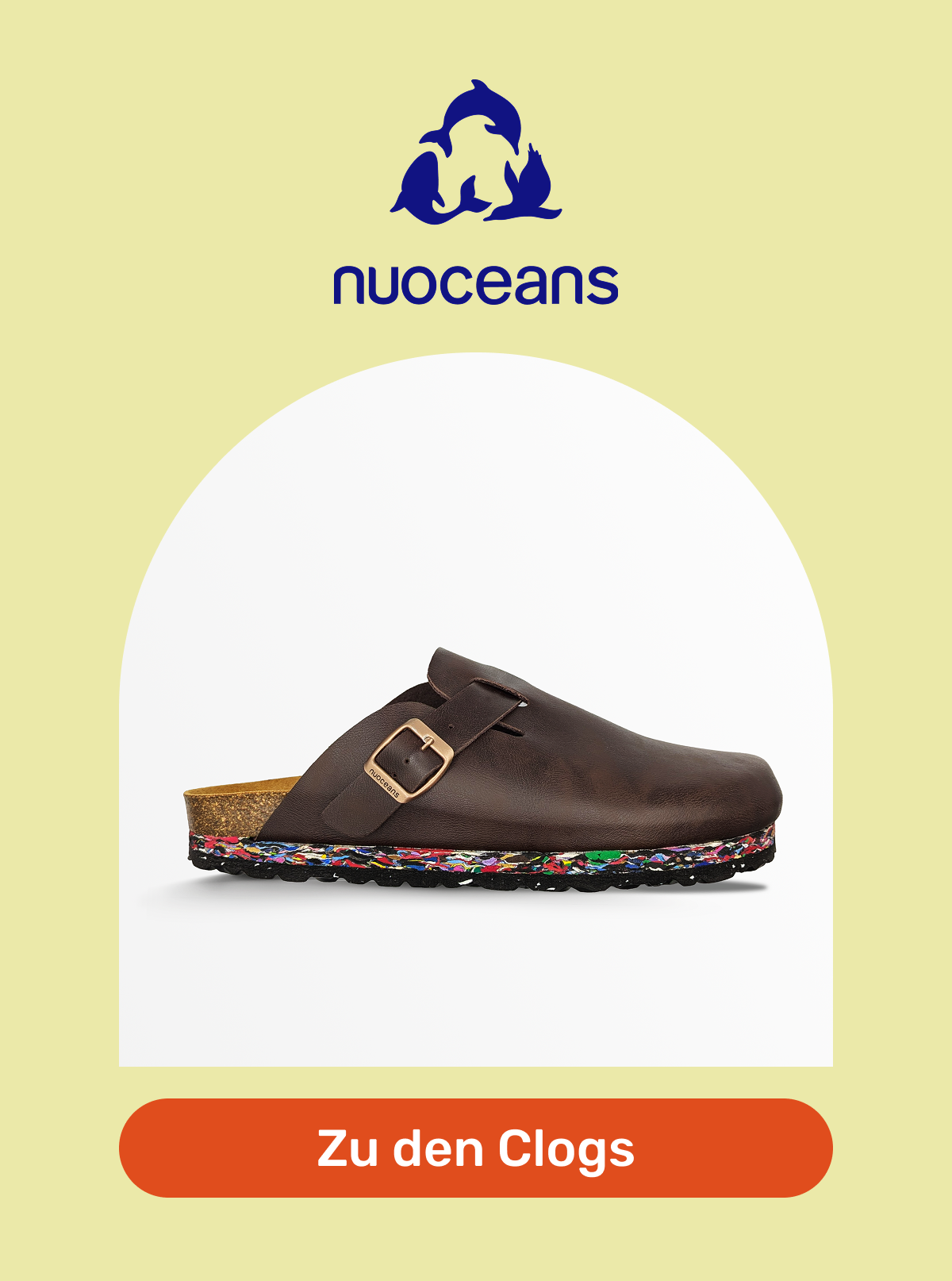 Blogs der Marke nuoceans: Dunkelbraune Clogs in Lederoptik mit bunter Sohle. Button: Zu den Clogs im Onlineshop.