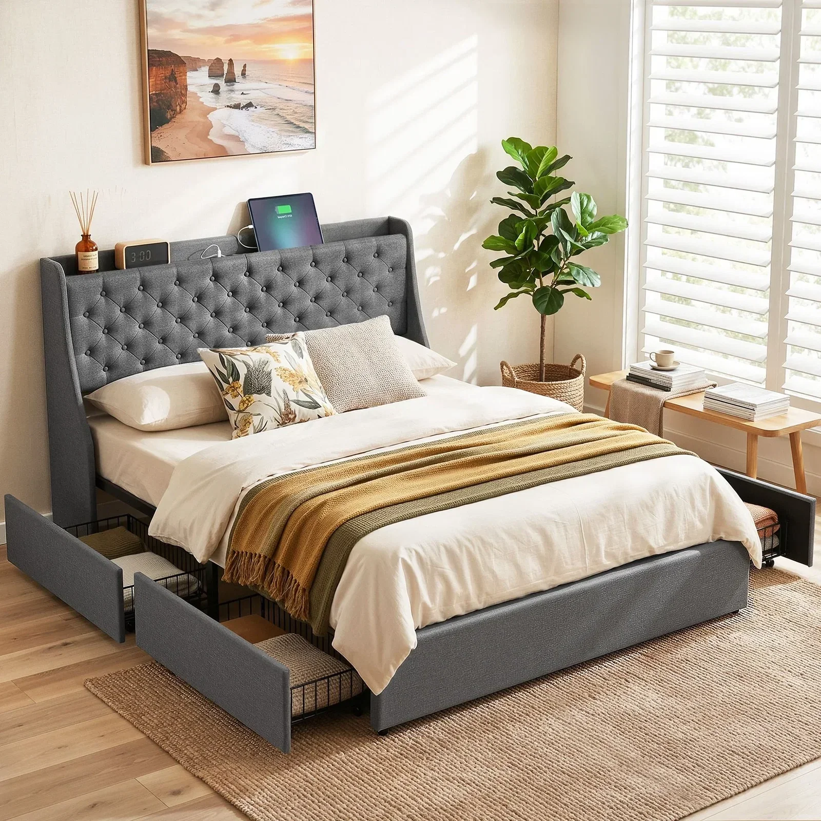 Artiss Queen Bed Frame with 4 Storage Drawers and Charging Station Tufted Wingback Headboard 300kg Loads Charcoal Grey