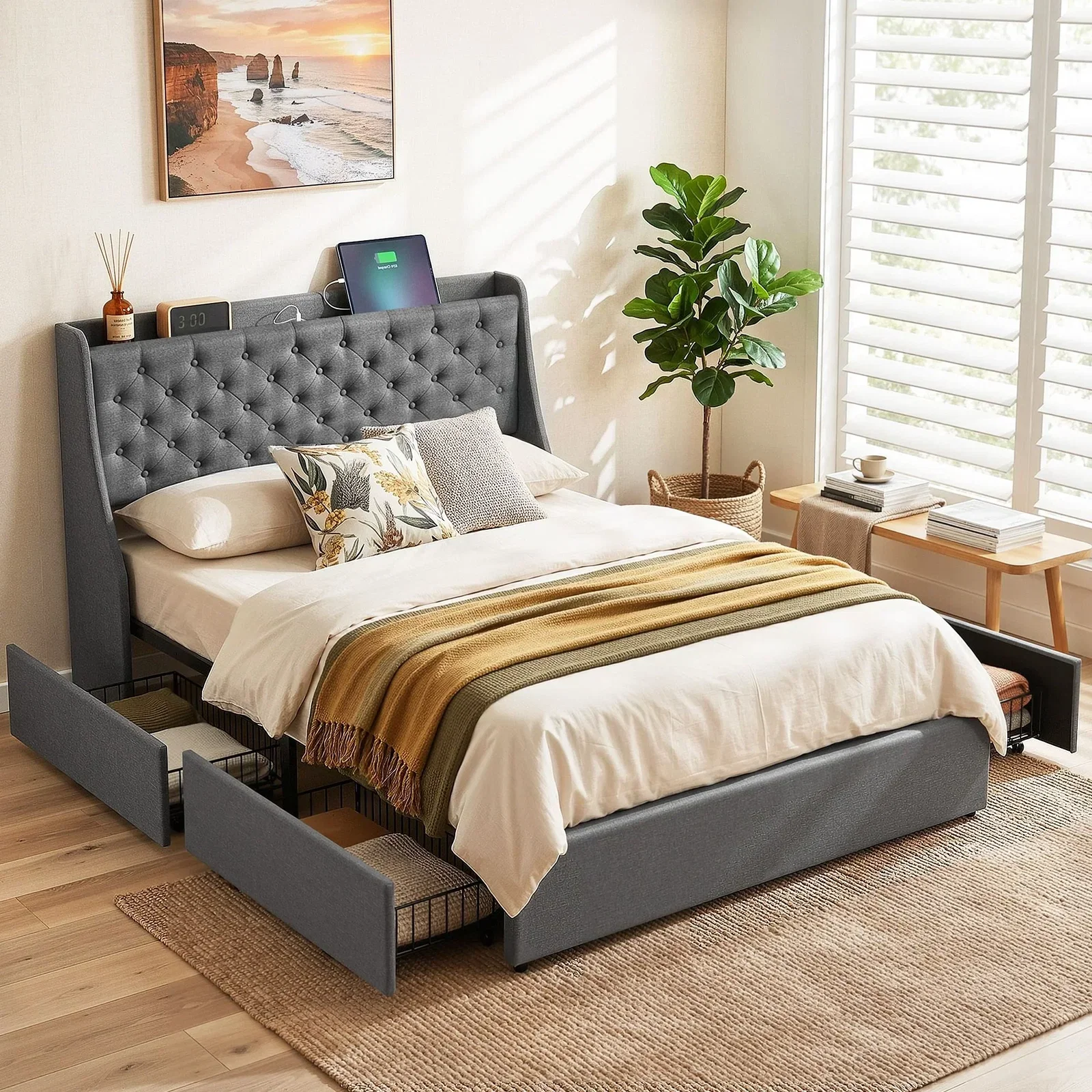 Artiss Double Bed Frame with 4 Storage Drawers and Charging Station Tufted Wingback Headboard 300kg Loads Charcoal Grey
