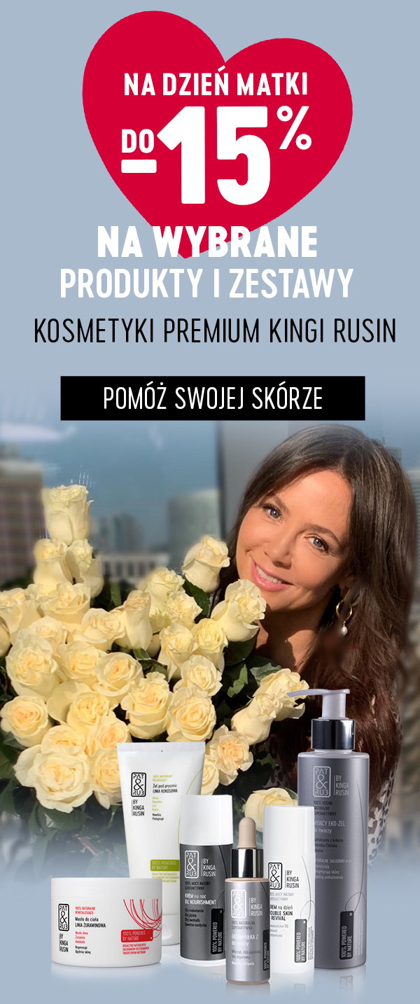Mother's Day banner: up to 15% off selected Kinga Rusin premium skincare; smiling woman with bouquet and products
