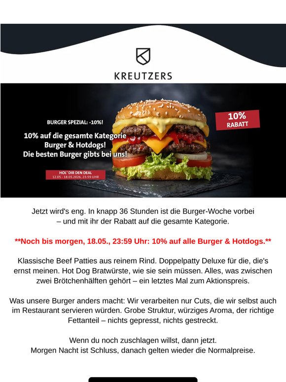 LAST CALL: Noch 36 Stunden – 10% auf alle Burger & Hotdogs 🍔