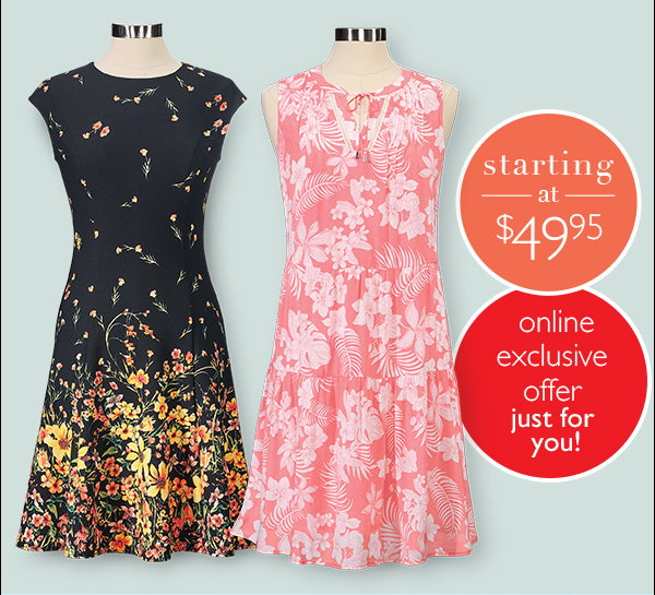 An image promoting 15% off all dresses at NorthStyle featuring a set of 2 dresses; one in black floral and one in pink floral with a banner that reads save 15% off more that 90 new & favorite styles with a shop now button.
