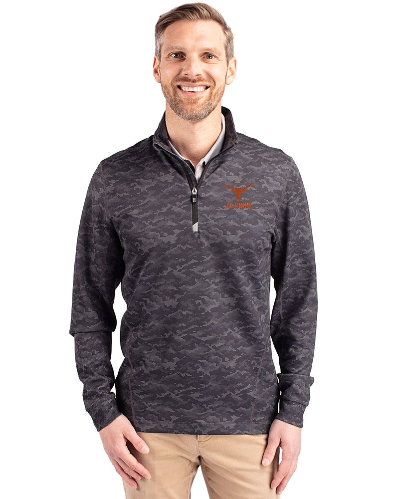 Image of Texas Longhorns Alumni Cutter & Buck Traverse Recycled Smooth Stretch Mens Camo Quarter Zip Pullover