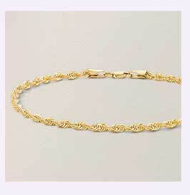 Yellow gold rope chain bracelet with twisted, spiral design, finished with a sturdy lobster claw clasp.