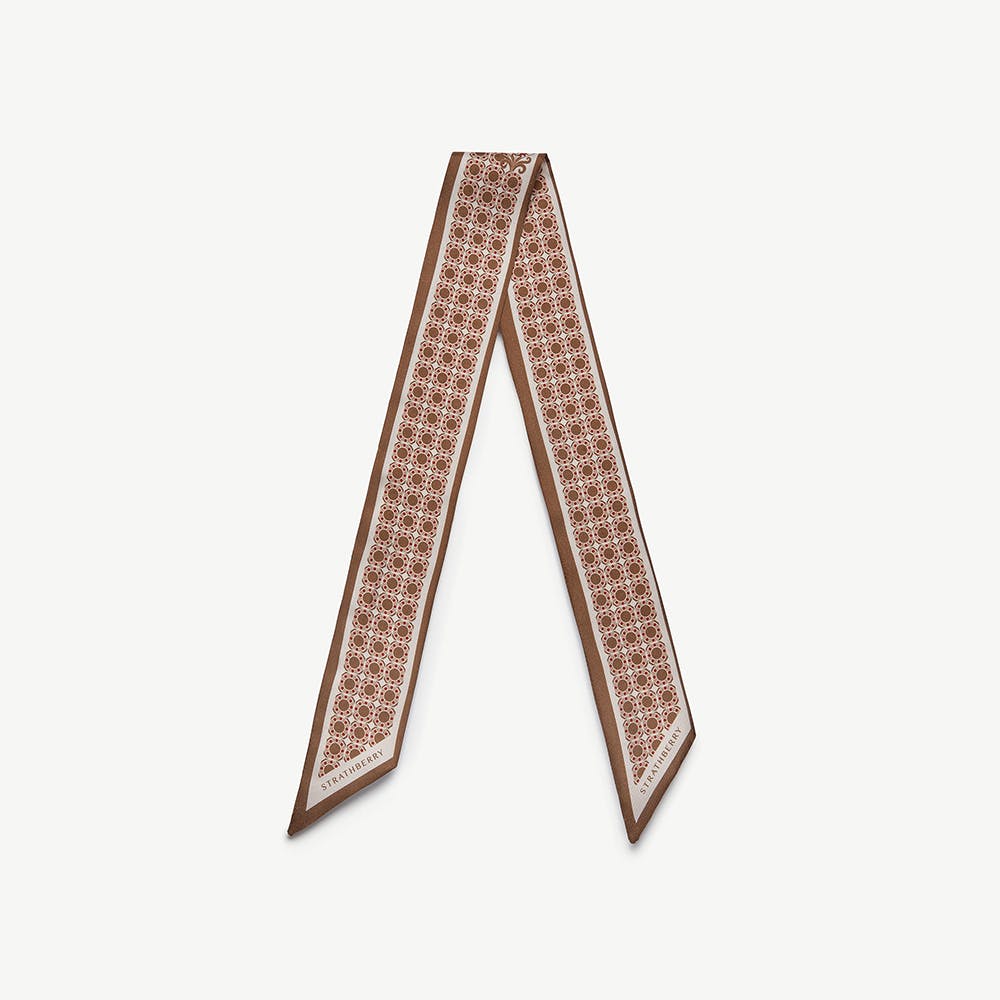 Image of Silk Skinny Scarf - Tan Geometric Print