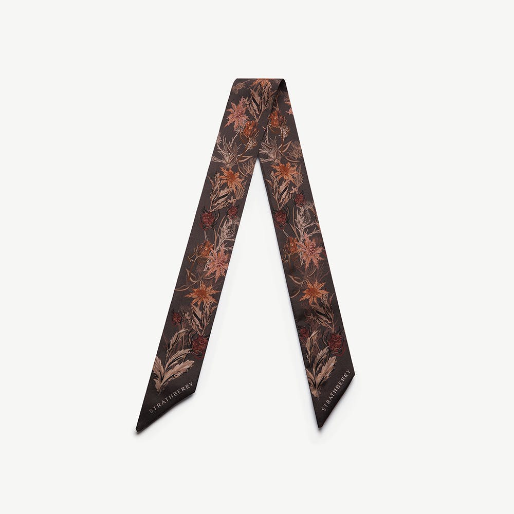 Image of Silk Skinny Scarf - Espresso Thistle Print