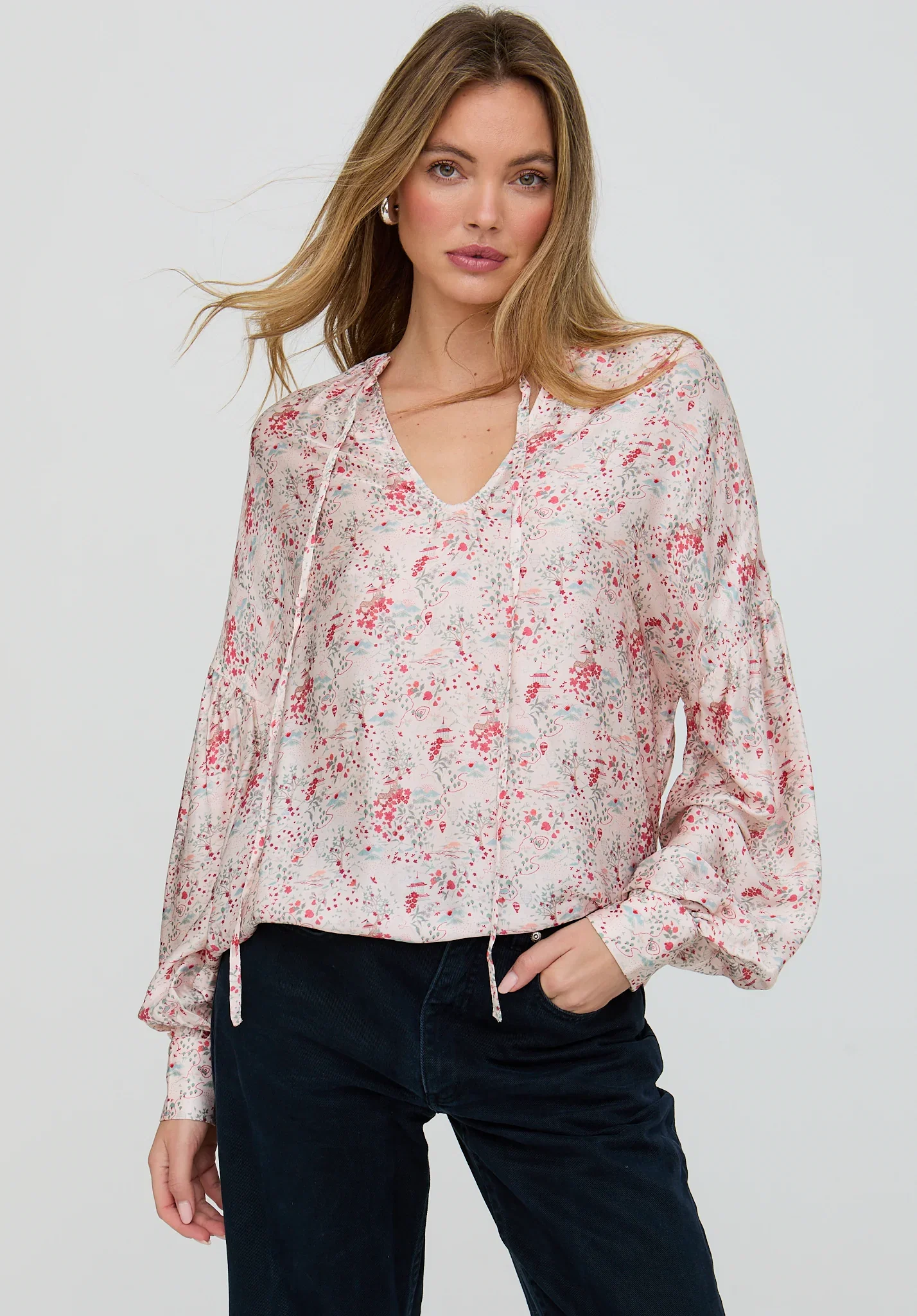 Image of Rosetti Billowy Sleeves Wishing Well Floral Print Blouse In Multi