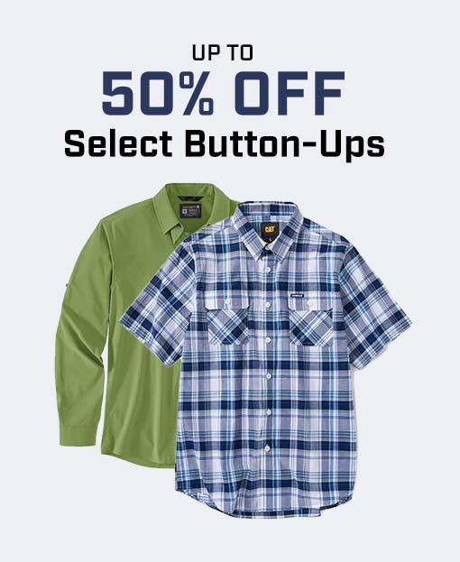 2 button up work shirts on a white background with up to 50% off copy