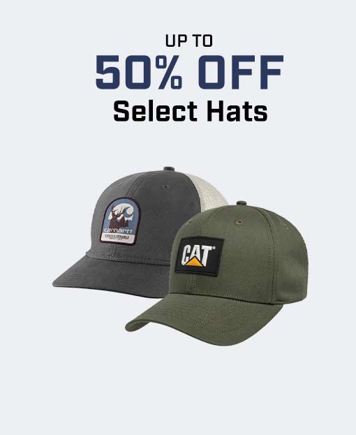 2 ball caps on a white background with up to 50% off copy