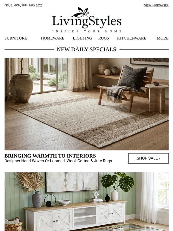 Designer Hand Woven Or Loomed, Wool, Cotton & Jute Rugs, Acacia Timber Bedroom Suites, Dining Table Sets, Consoles & Buffets, Iron Chandeliers...