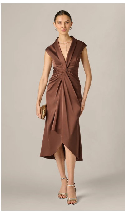 Twist Front Satin High Low Midi Dress In Espresso