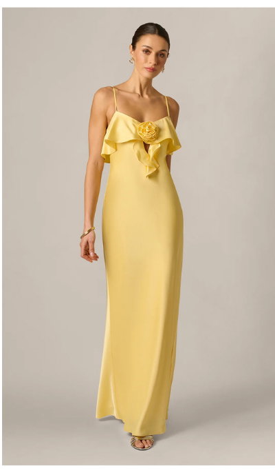 Stretch Satin Flounce Rosette Slip Gown In Butter Yellow