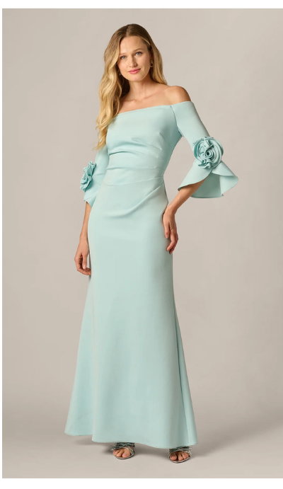 Off Shoulder Bell Sleeve Rosette Gown In Airy Aqua