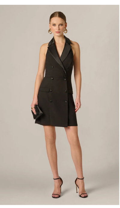 Double Breasted Tuxedo Short Halter Dress In Black